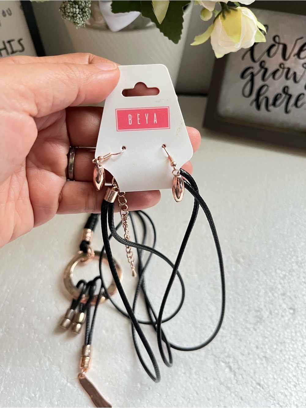 BEYA Rose Gold & Black Layered Necklace with Hoop Earrings